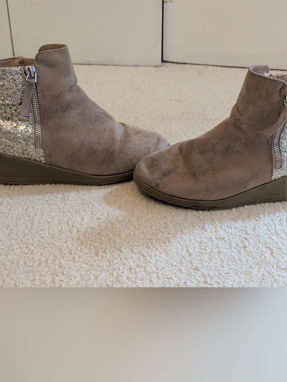 Taupe Suede Wedge Ankle Boots with Glitter Heel